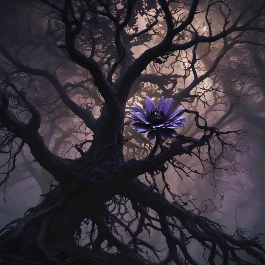 Dark Fantasy Bloom under Black Moonlit Sky