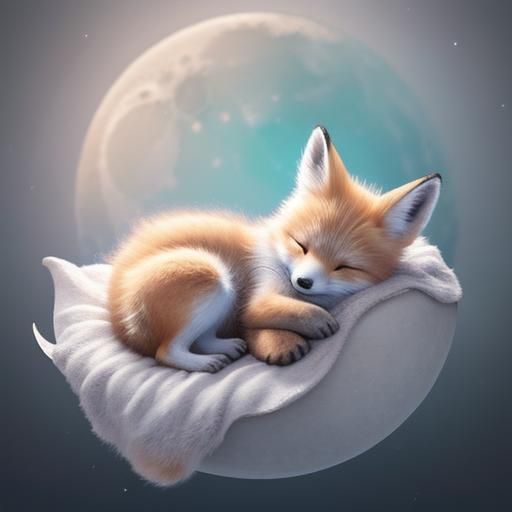 A baby fox with ultra detailed fur asleep inside a crescent ...