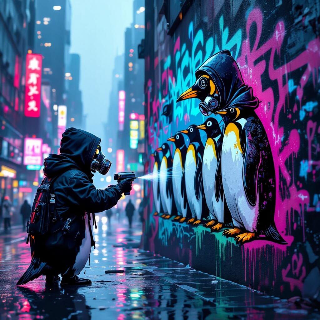 Penguin Agent Graffiti in Cyberpunk Cityscape