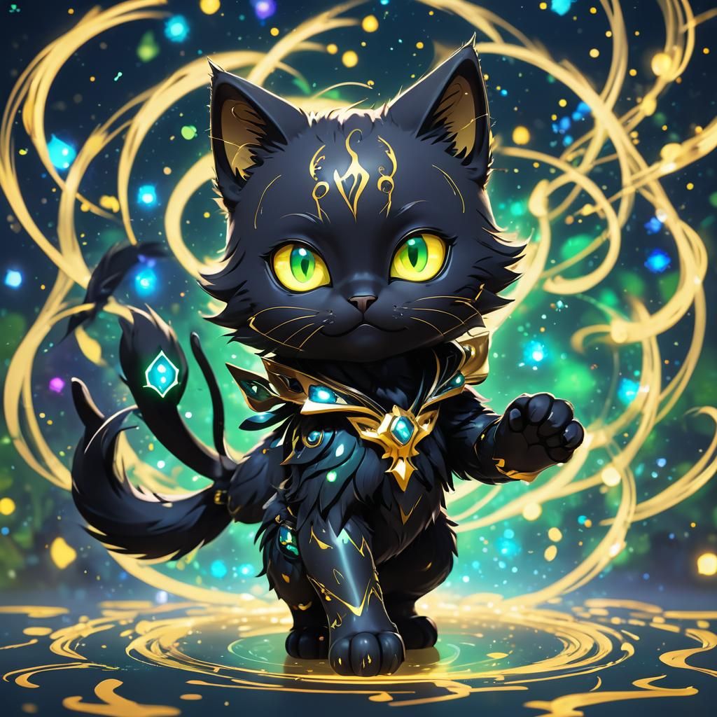Chibi Black Cat in Anime Style with Volumetric Lighting