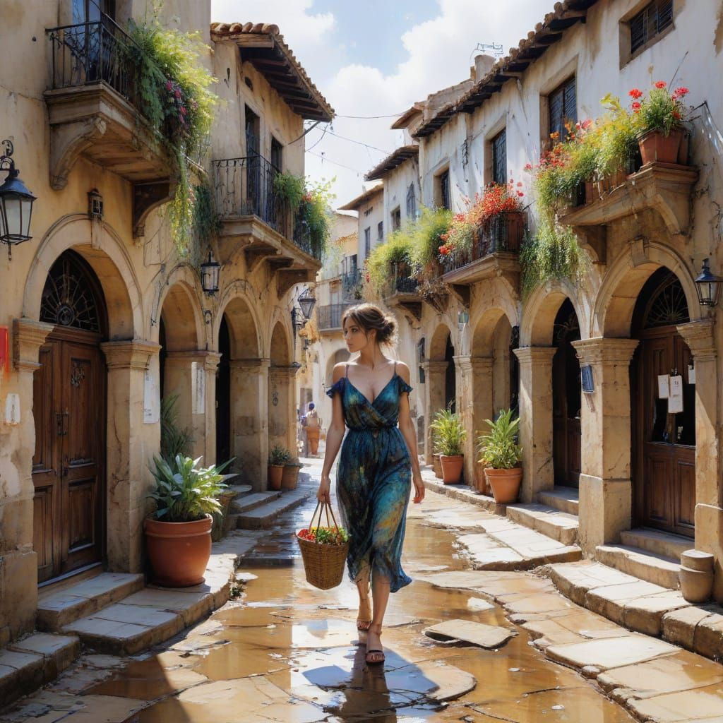 Andalusian Village Plaza as Watercolor Art