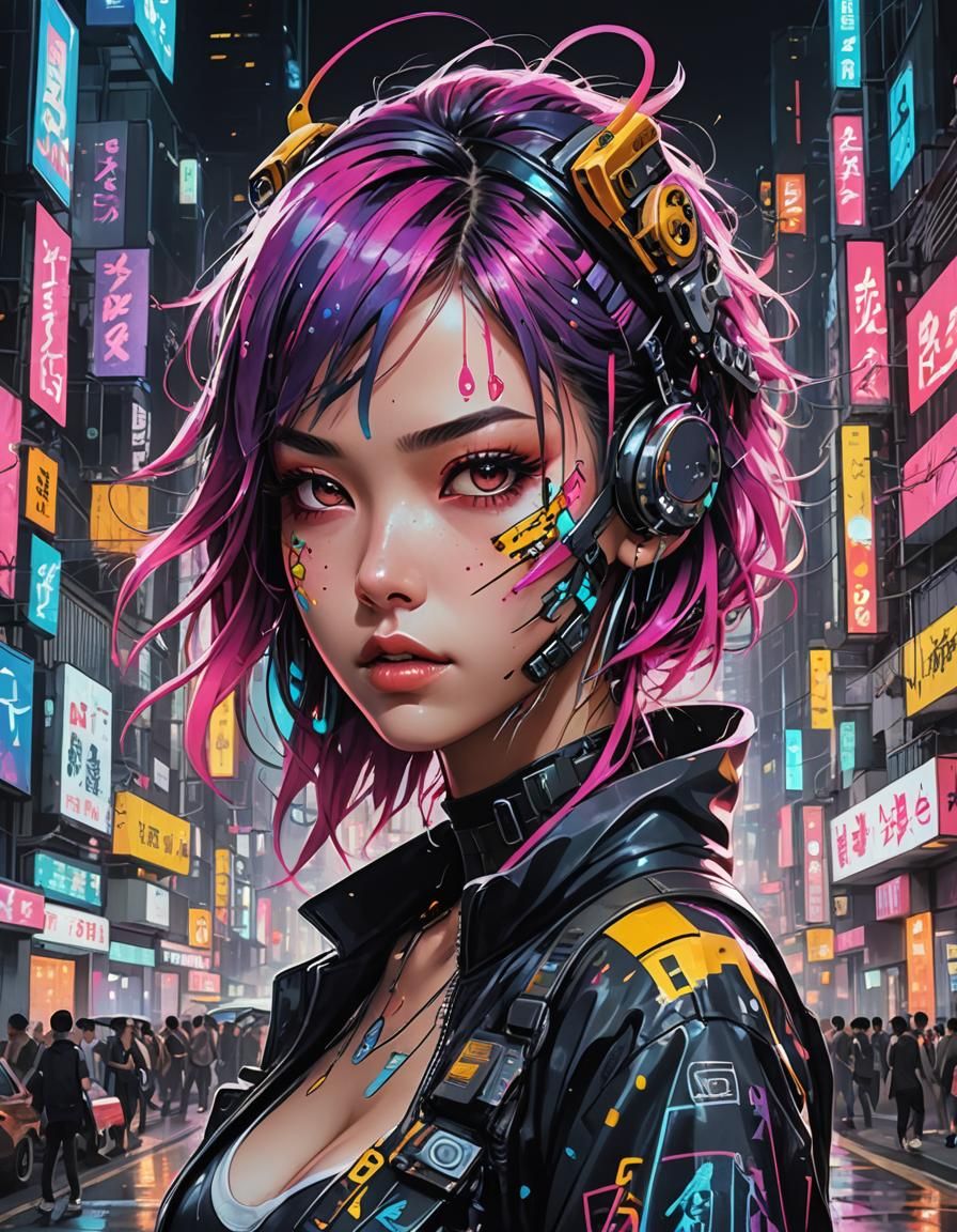 Android Girl in Harajuku Cyberpunk Style