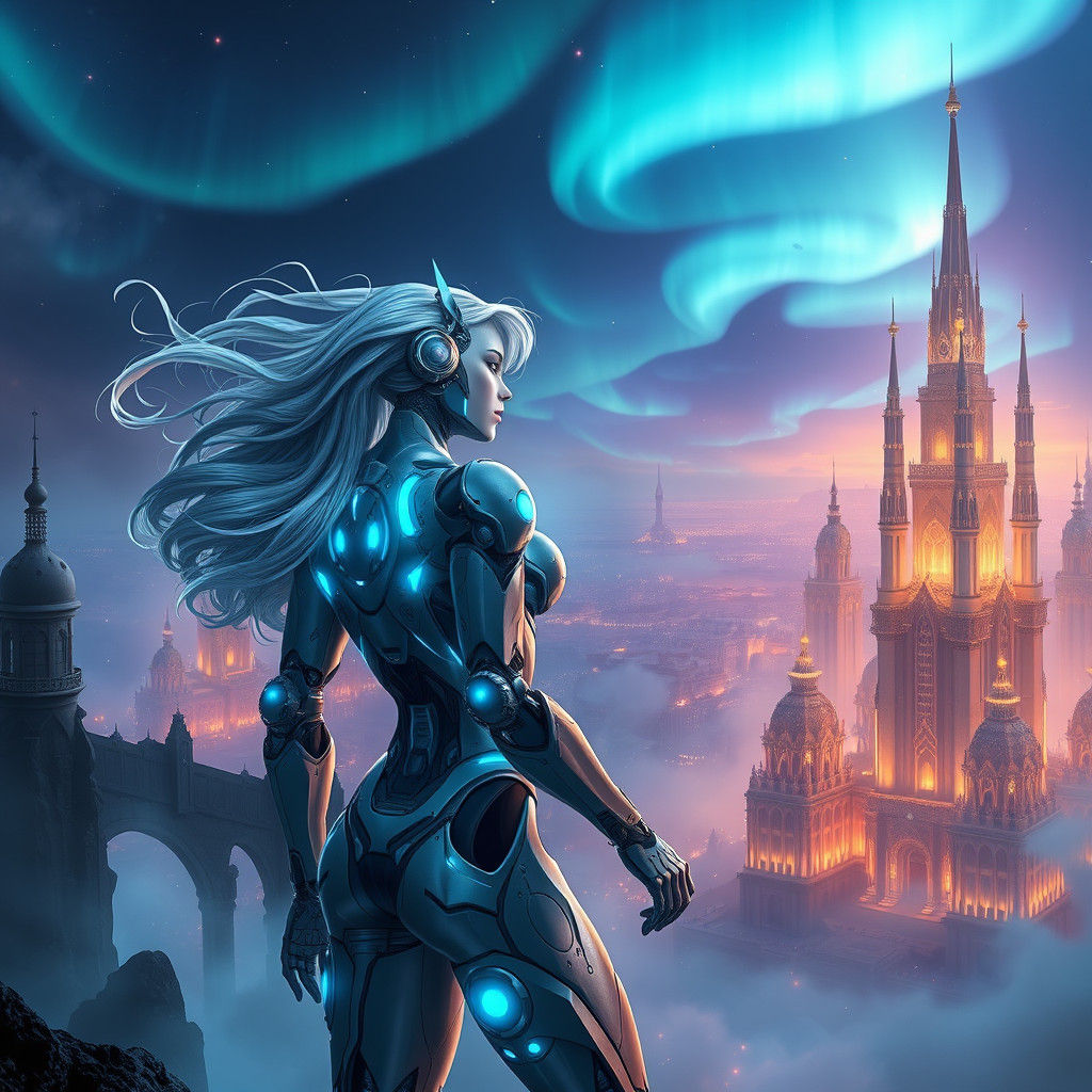 Heroic Robot Girl in Dreamlike Cyberpunk Cityscape