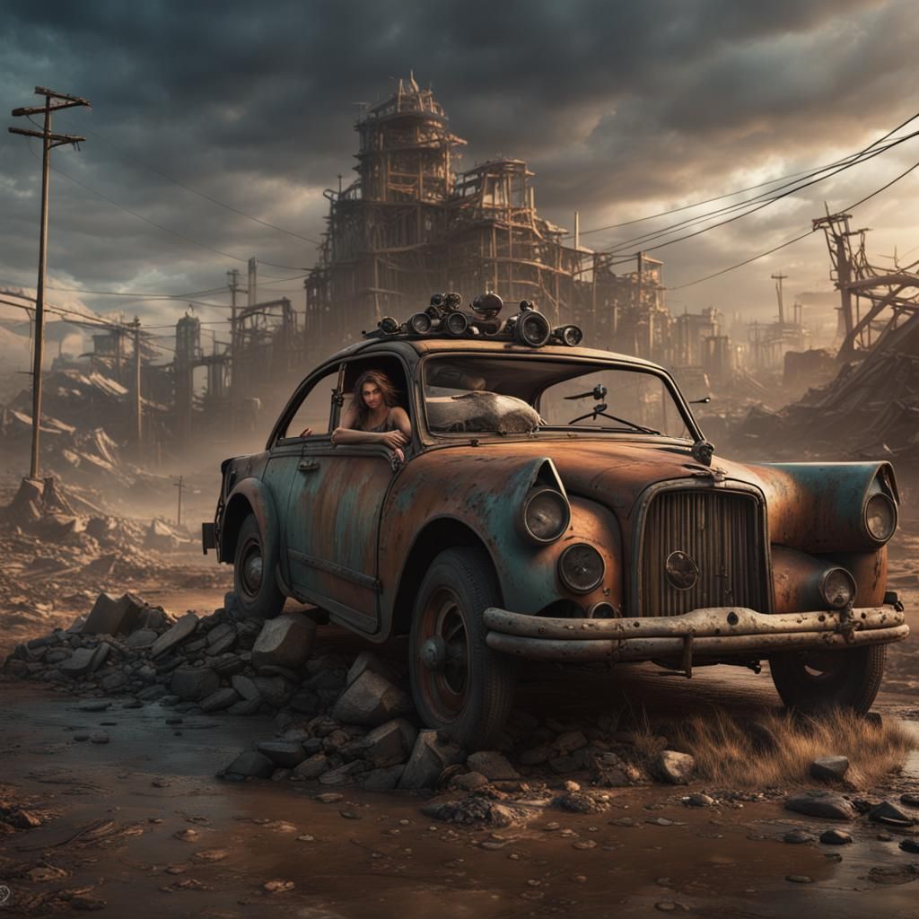 Post-Apocalyptic Woman Drives Imaginary Car