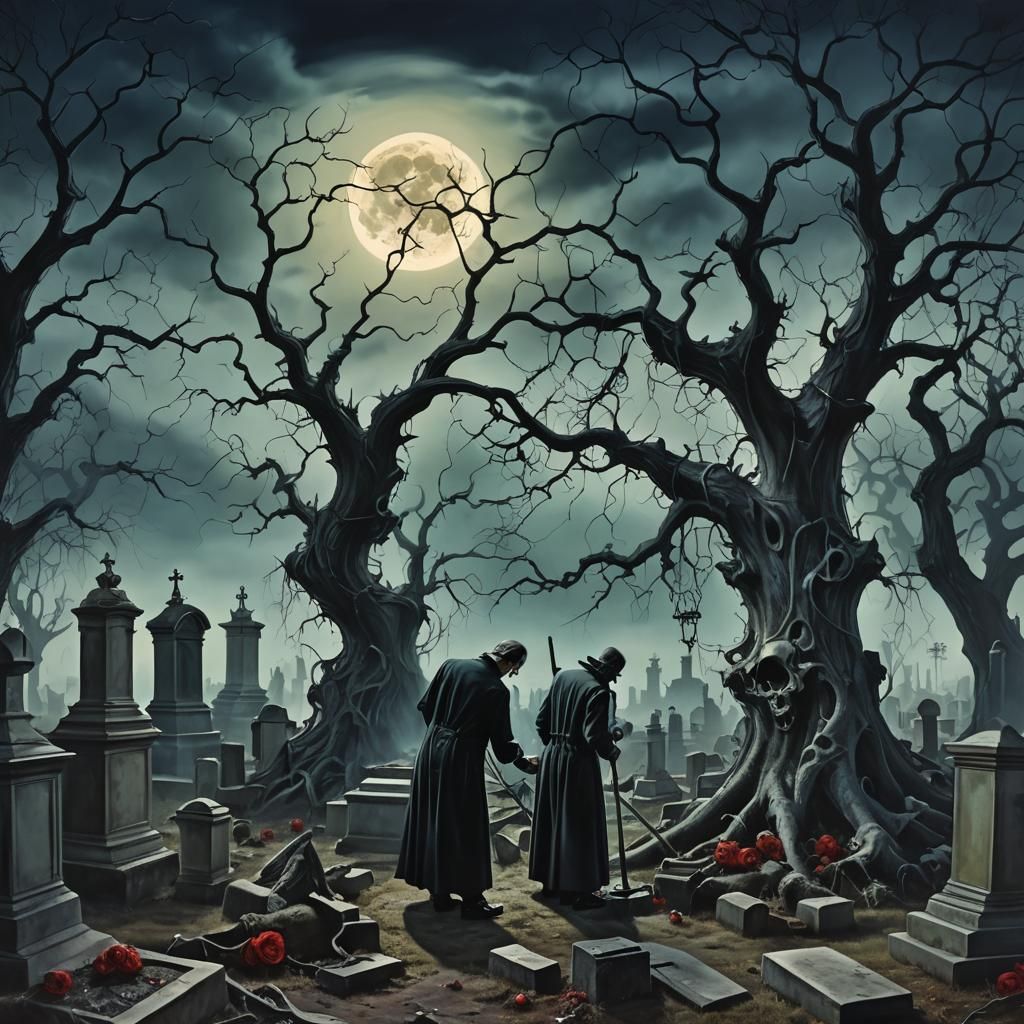 Surreal Vampires Tending Cemetery under Moonlit Skies