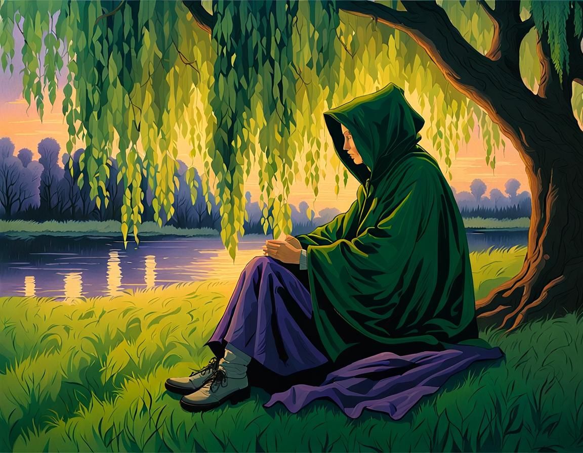 Wanderer Under Willow Tree at Sunset