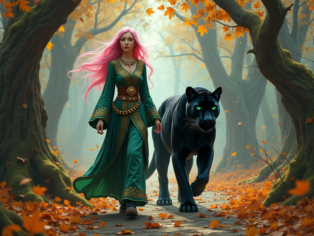 Enchanted Elf with Panther in Fantasy Illustration Style