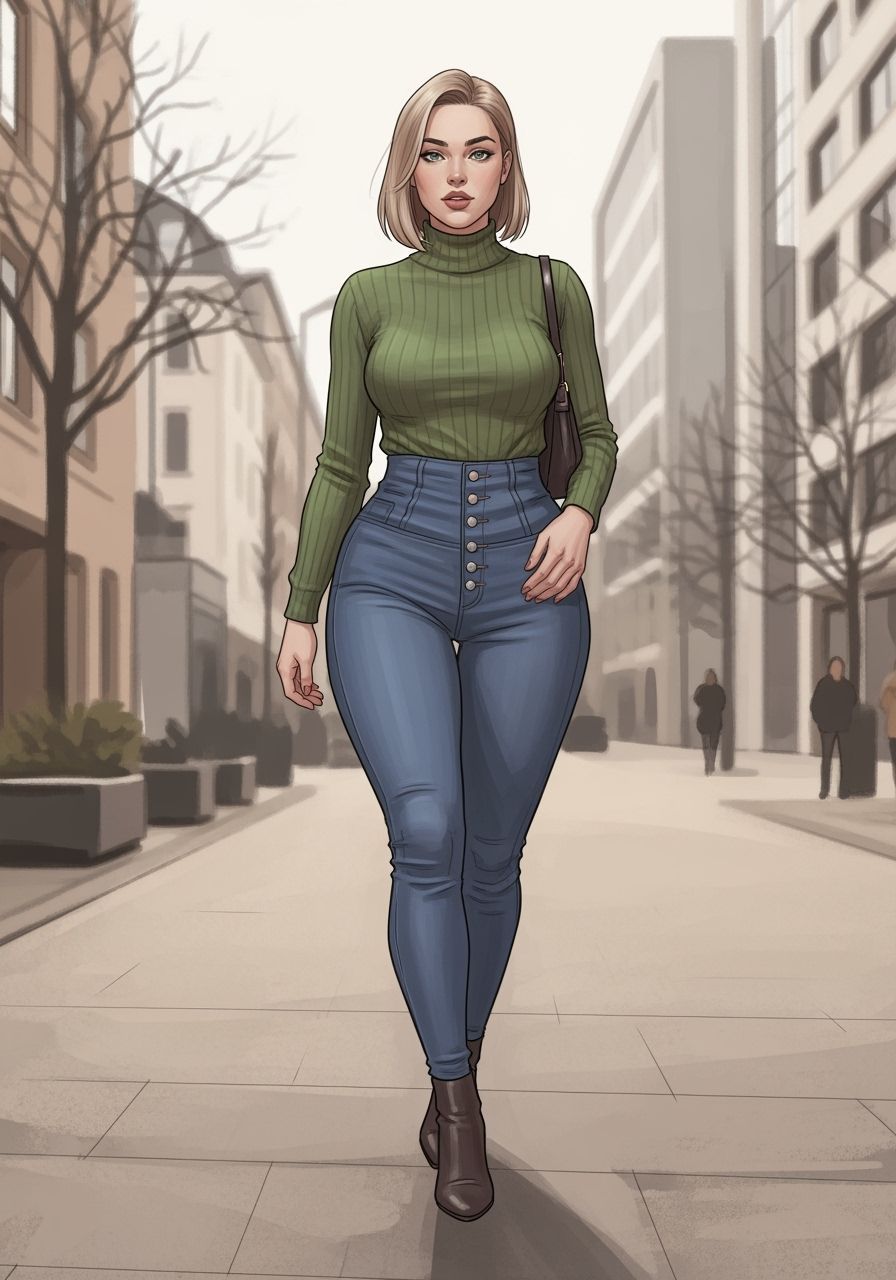 Woman in Green Walking in German City, Graphic Novel Style