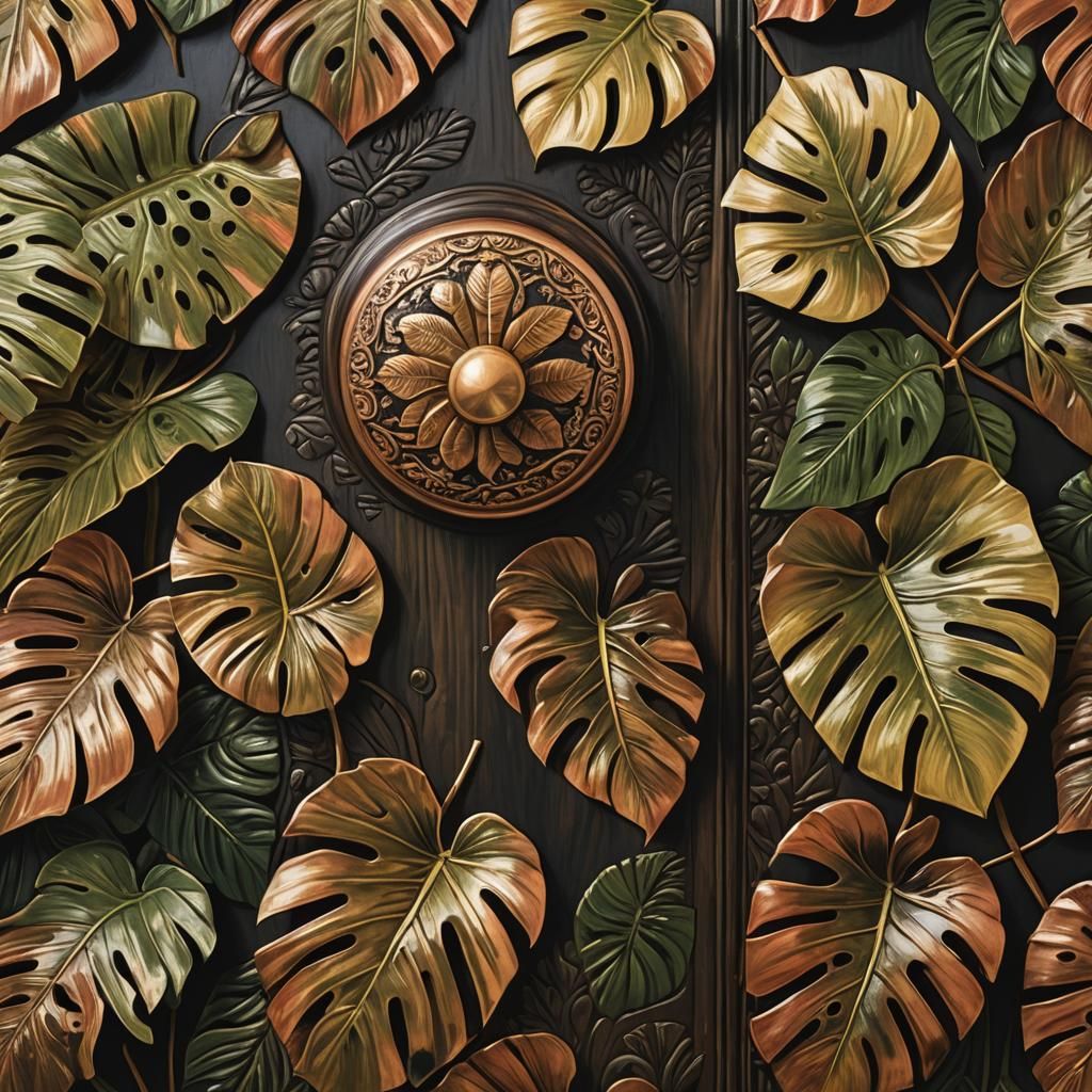 Copper Doorknob with Monstera Leaf Engravings