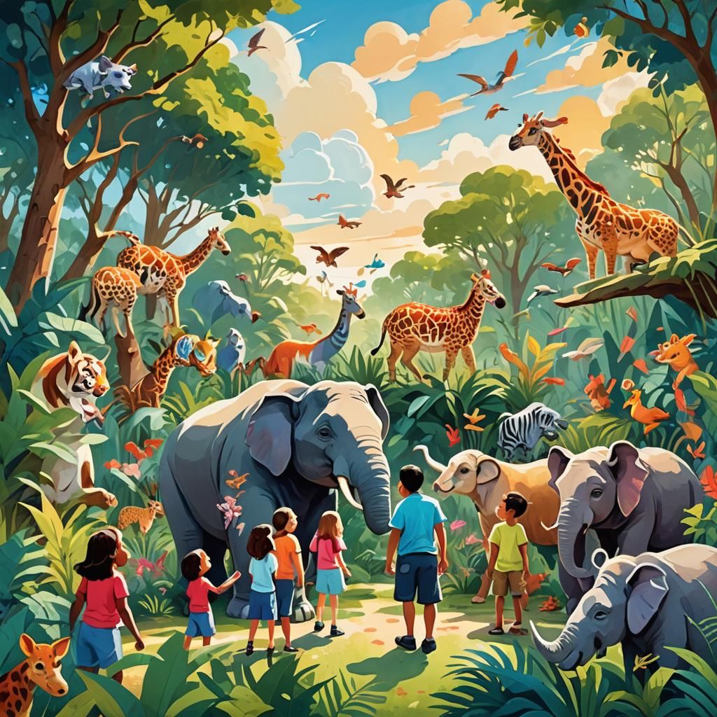 Whimsical Zoo Scene Illustration in Children's Book Style