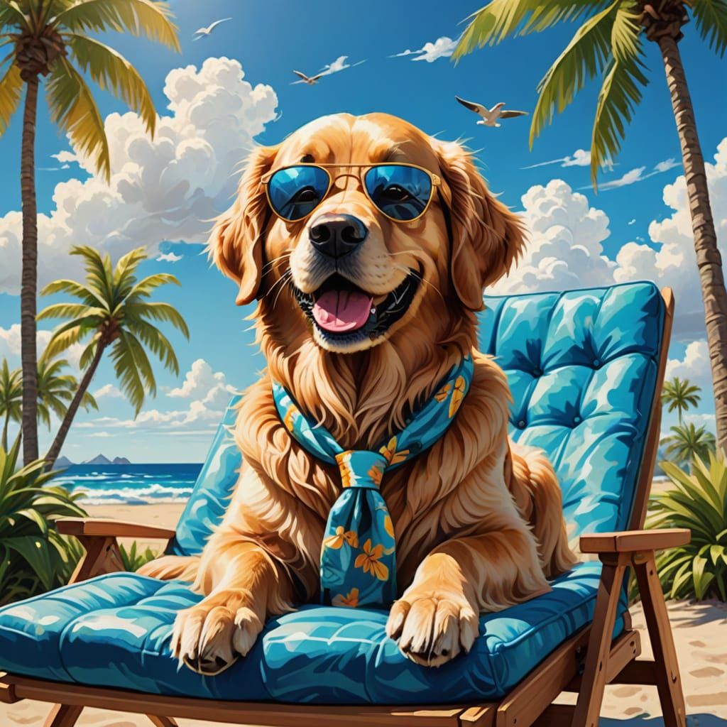 Golden Retriever in Hawaiian Shirt on Lounge Chair
