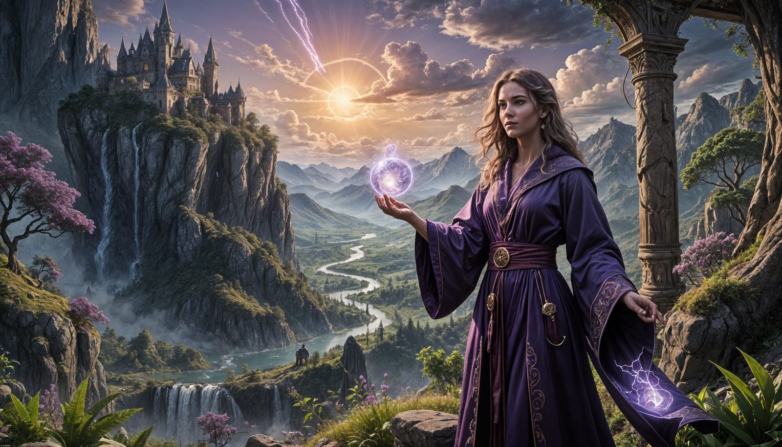 Nordic Sorceress Casting Spell in Lush Fantasy Scenery
