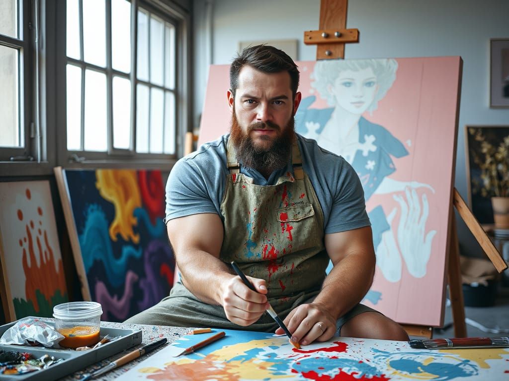 Rugged Painter in Gouache Style Masterpiece