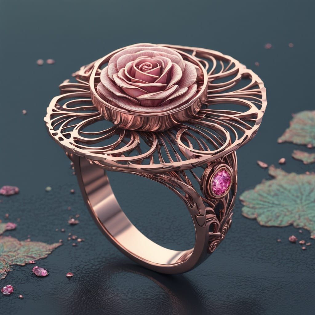 Rose Gold Ring Adorned with Pink Diamonds and Fractal Patter...
