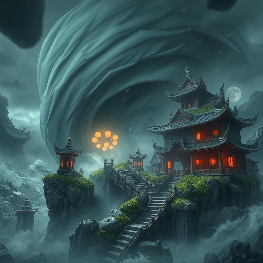 Mystical Cyclone Sweeping Ancient Oriental Island
