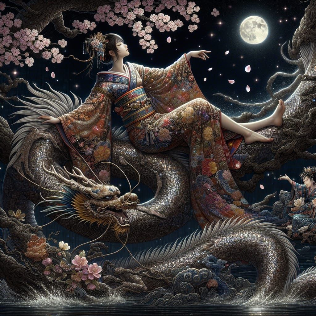Japanese Woman on Dragon Tail Under Cherry Blossoms