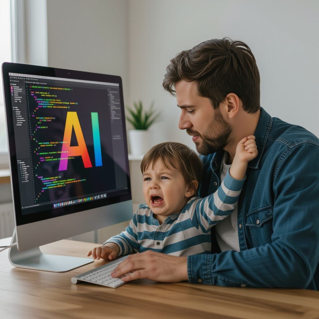 Father Ignoring Child for Computer with AI Text