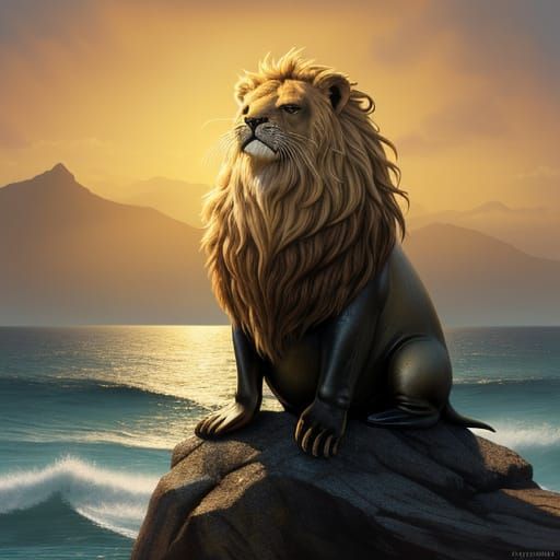 Majestic Sea Lion with Lion's Mane Oil Painting