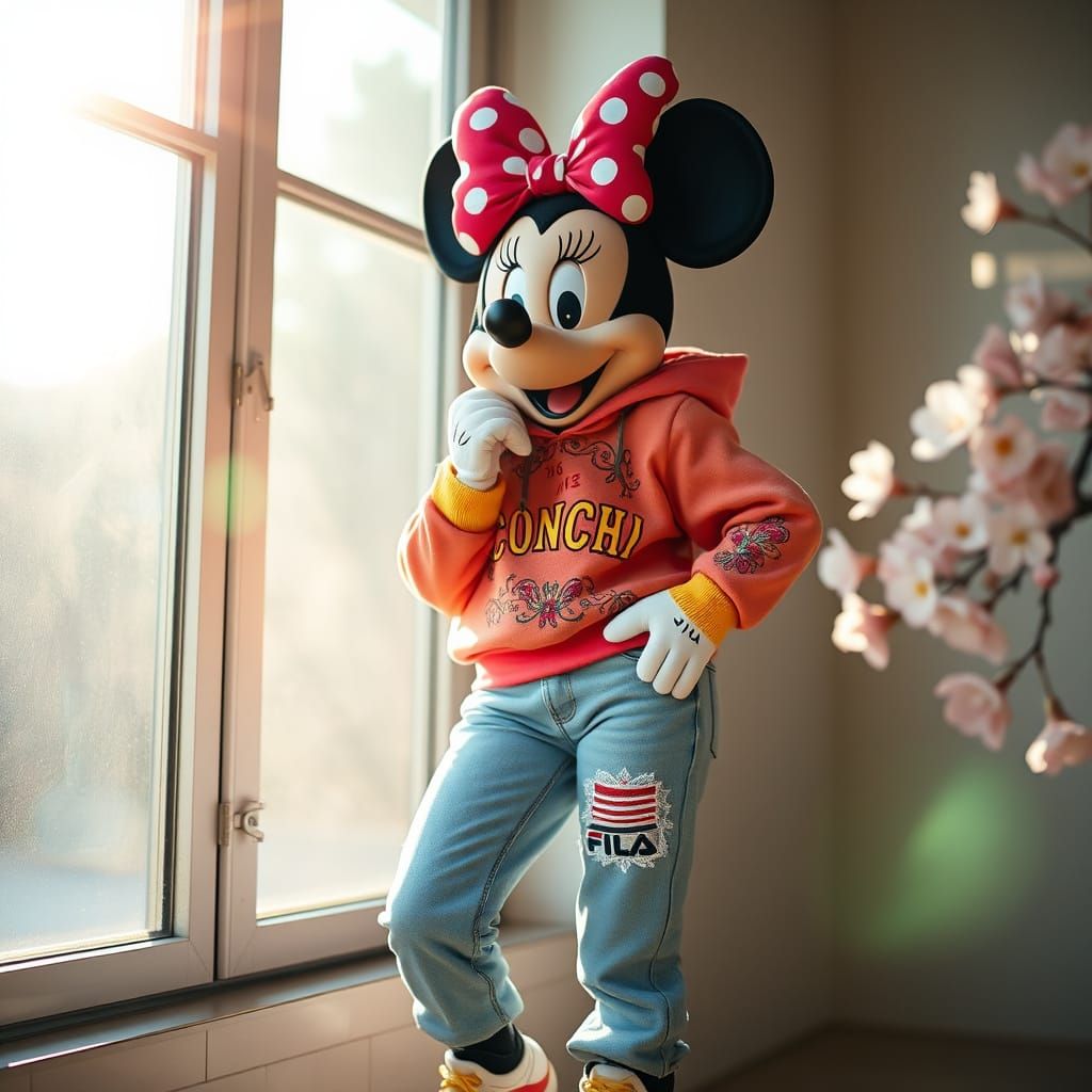 Hyperrealistic Fashion Portrait of Minnie Mouse in Urban Str...