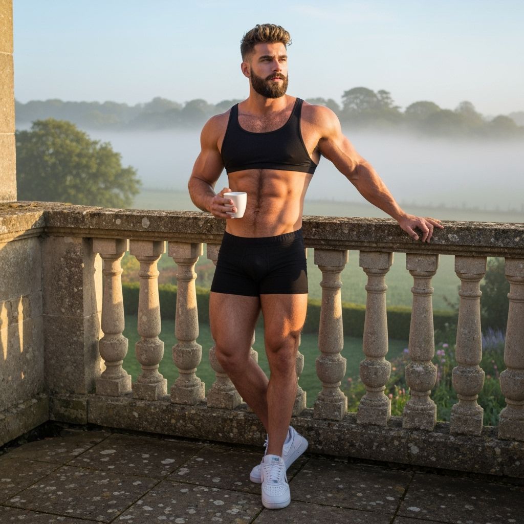 Muscular Man on English Terrace at Sunrise