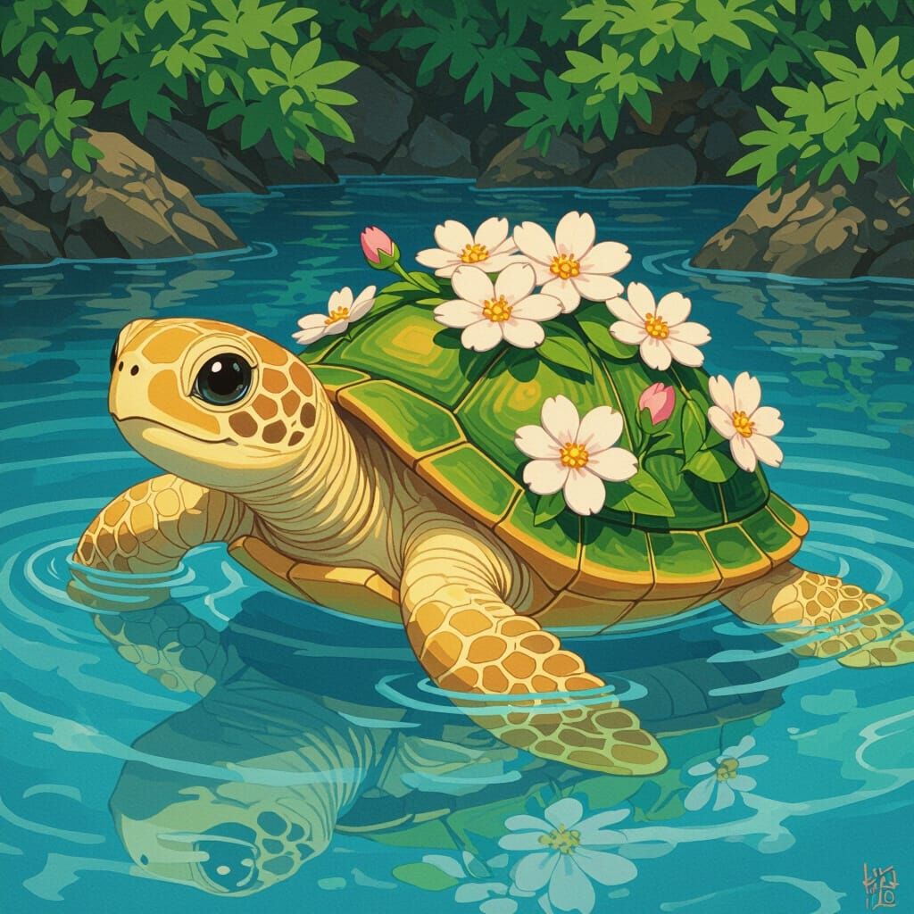 Turtles in Ocean with Flowers, Digital Art