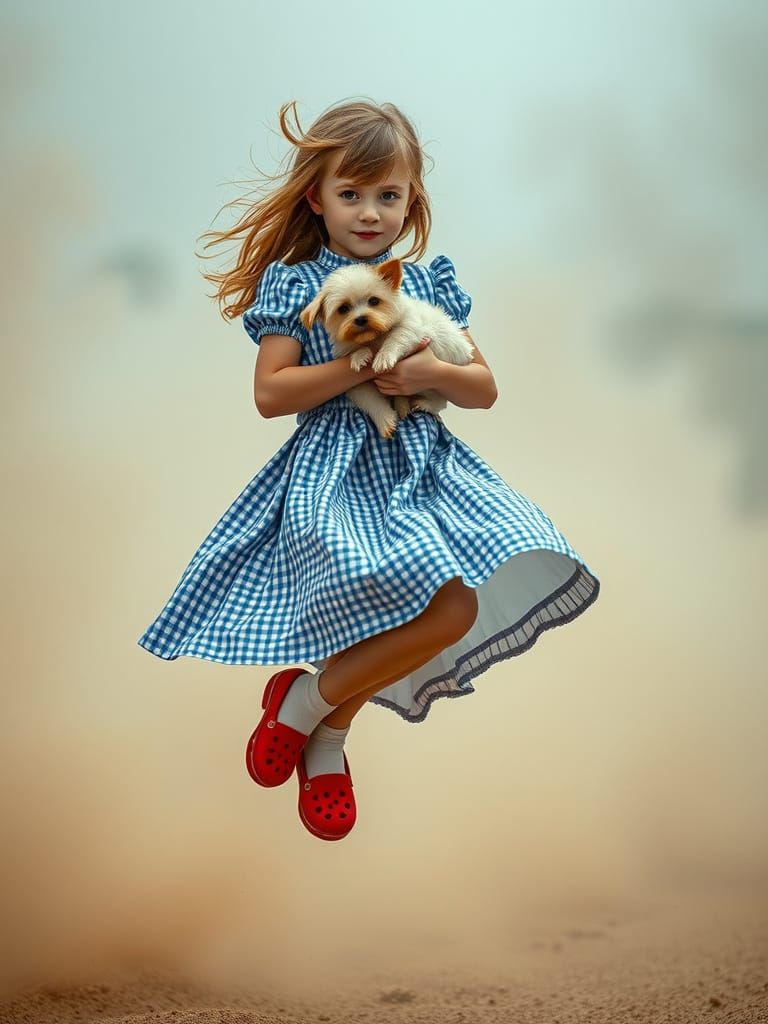 Girl Levitate In Dust Storm With Dog, Red Crocs