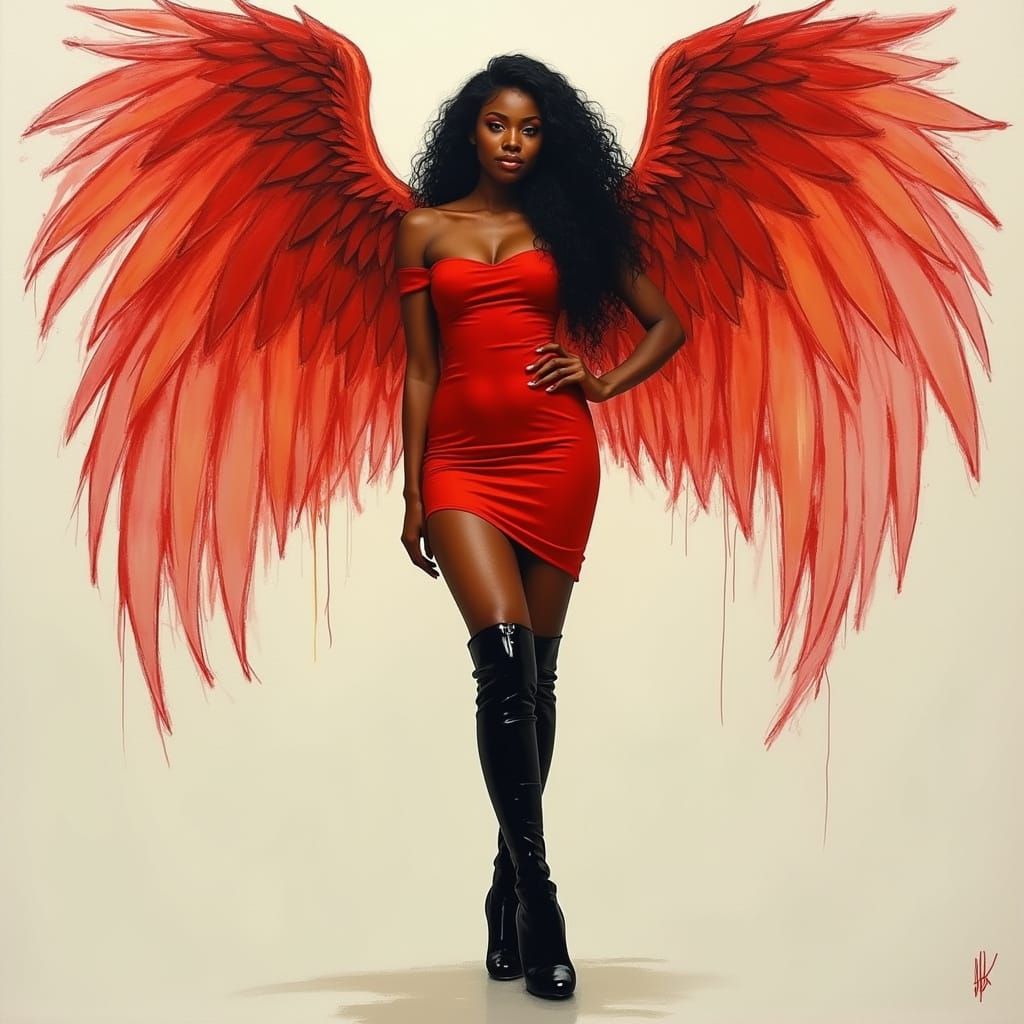 African American Angel in Red Mini Dress with Spread Wings