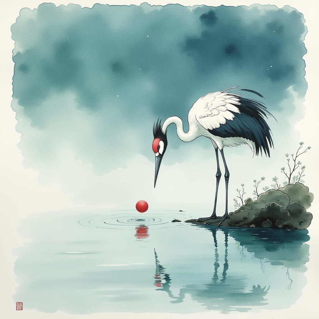 Japanese Crane by Tranquil Pond in Sumi-e Style