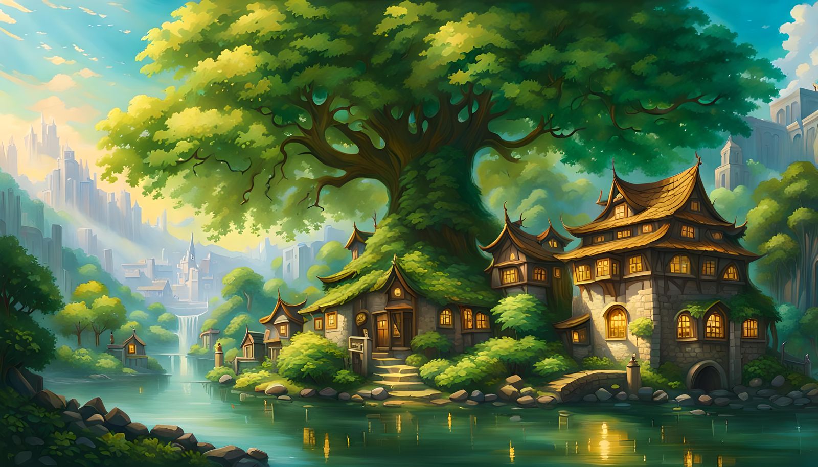 Lush RPG Town with Emerald Tree in Fantasy World