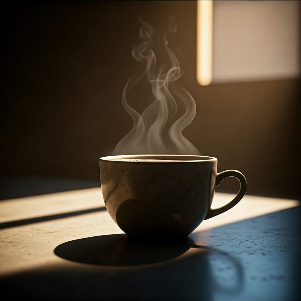 Steaming Coffee on Modern Table in Realistic Photography Sty...