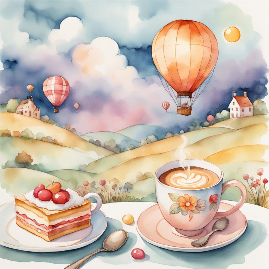 Mouse in Coffee Cup Balloon over Pastry Land