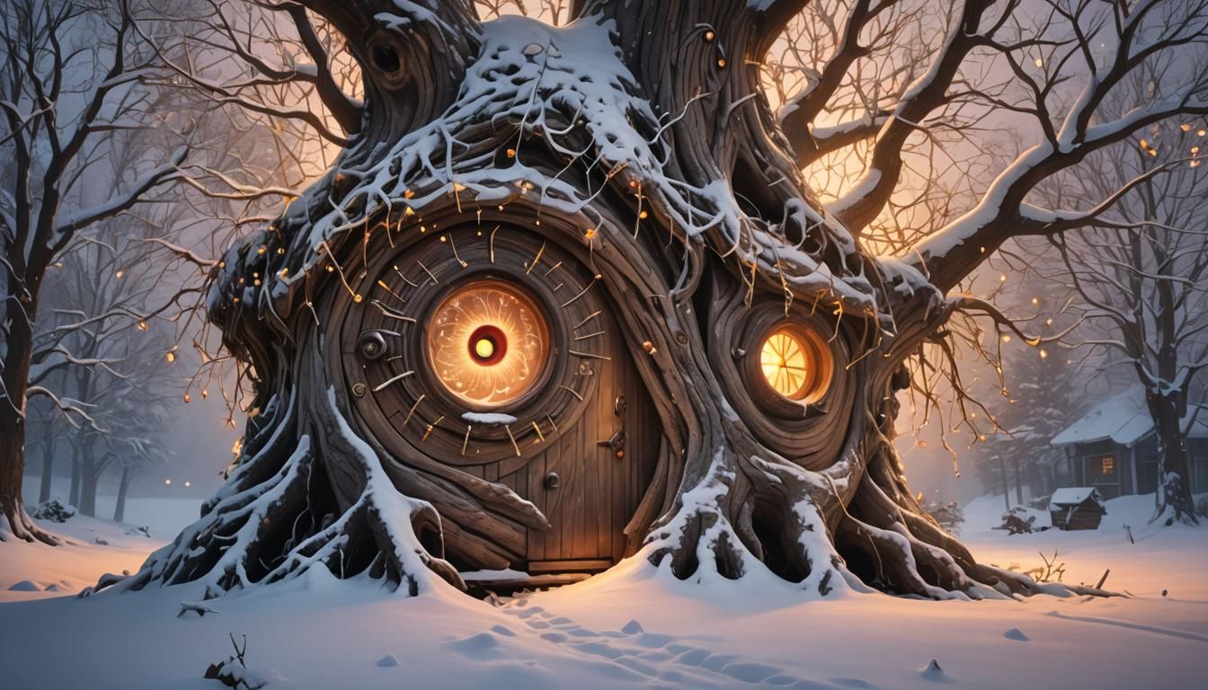 Magical Realism: Snowy Cabin and Eyeball Tree