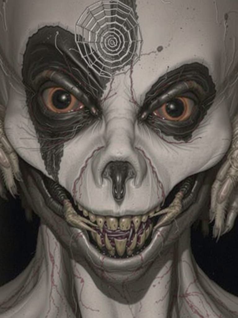 Hyperrealistic Black and White Portrait of a Grotesque Spide...