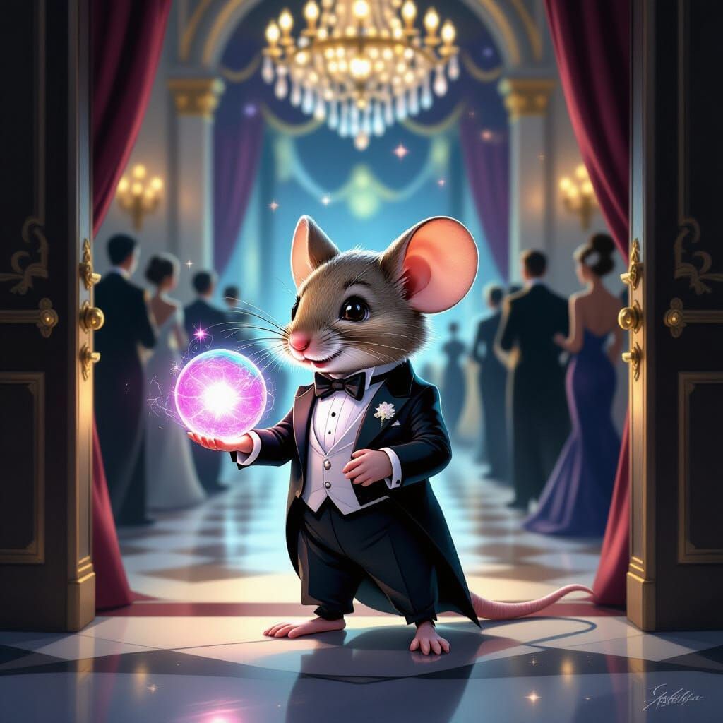 Dapper Mouse with Cosmic Orb at Elegant Ballroom Entrance