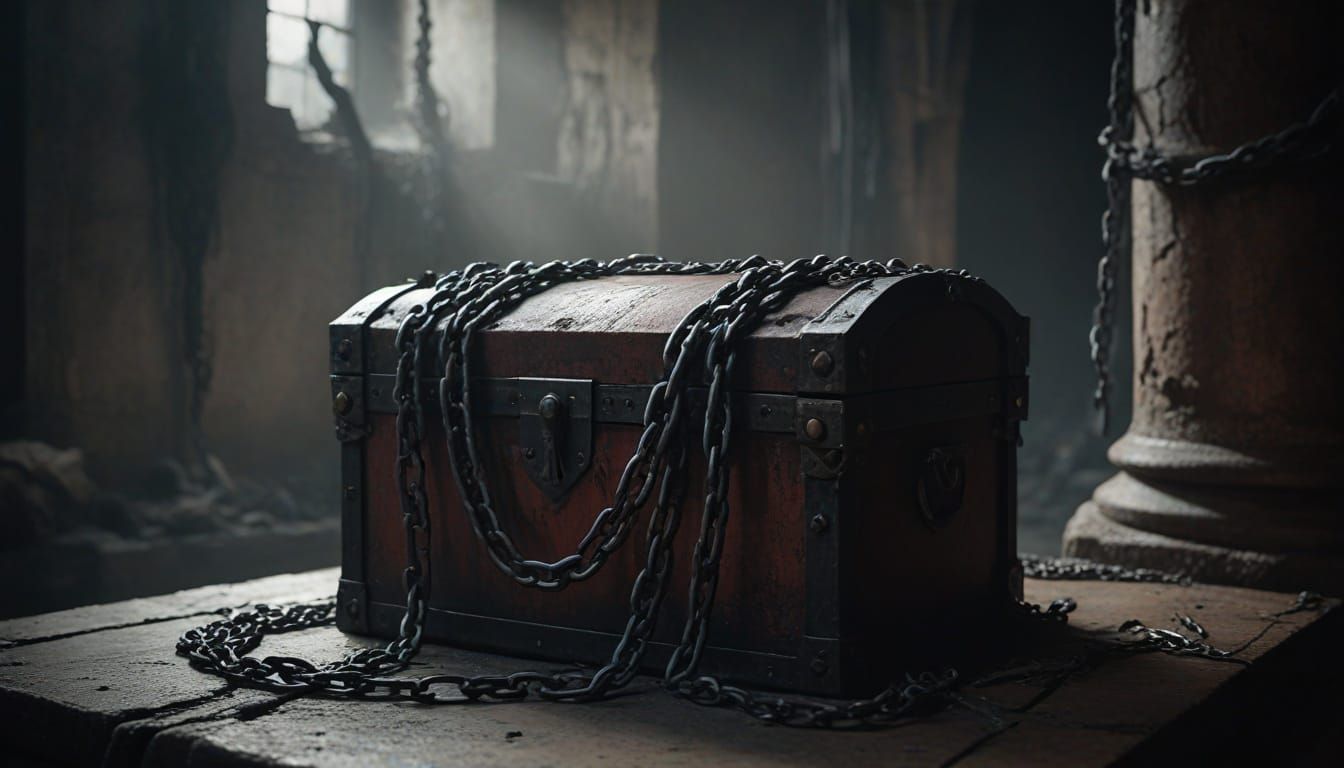 Ominous Chest in Haunted Ruins: Dark Fantasy Art