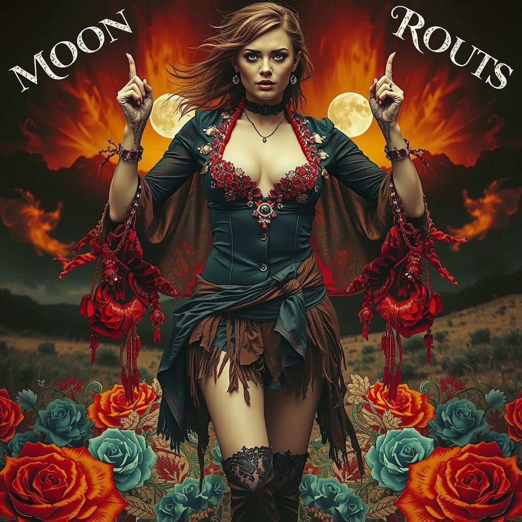 Glamorous Woman on Windswept Moor at Twilight