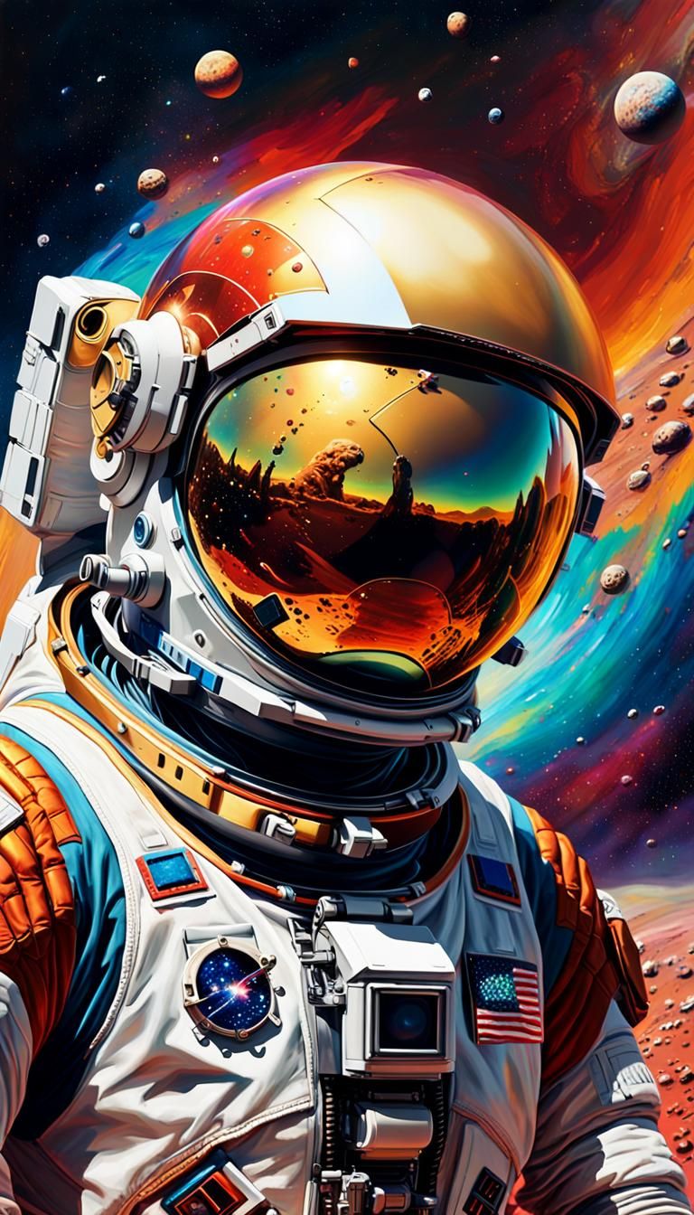 Astronaut's Majestic Flight to Mars in Oil Painting Style