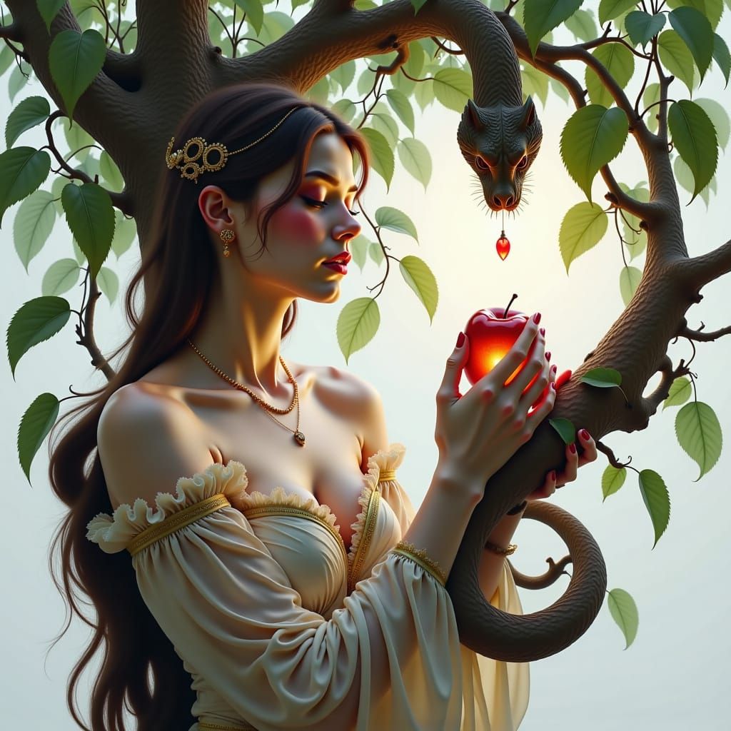 Eve Tempted by Serpent with Apple, Frazetta Style