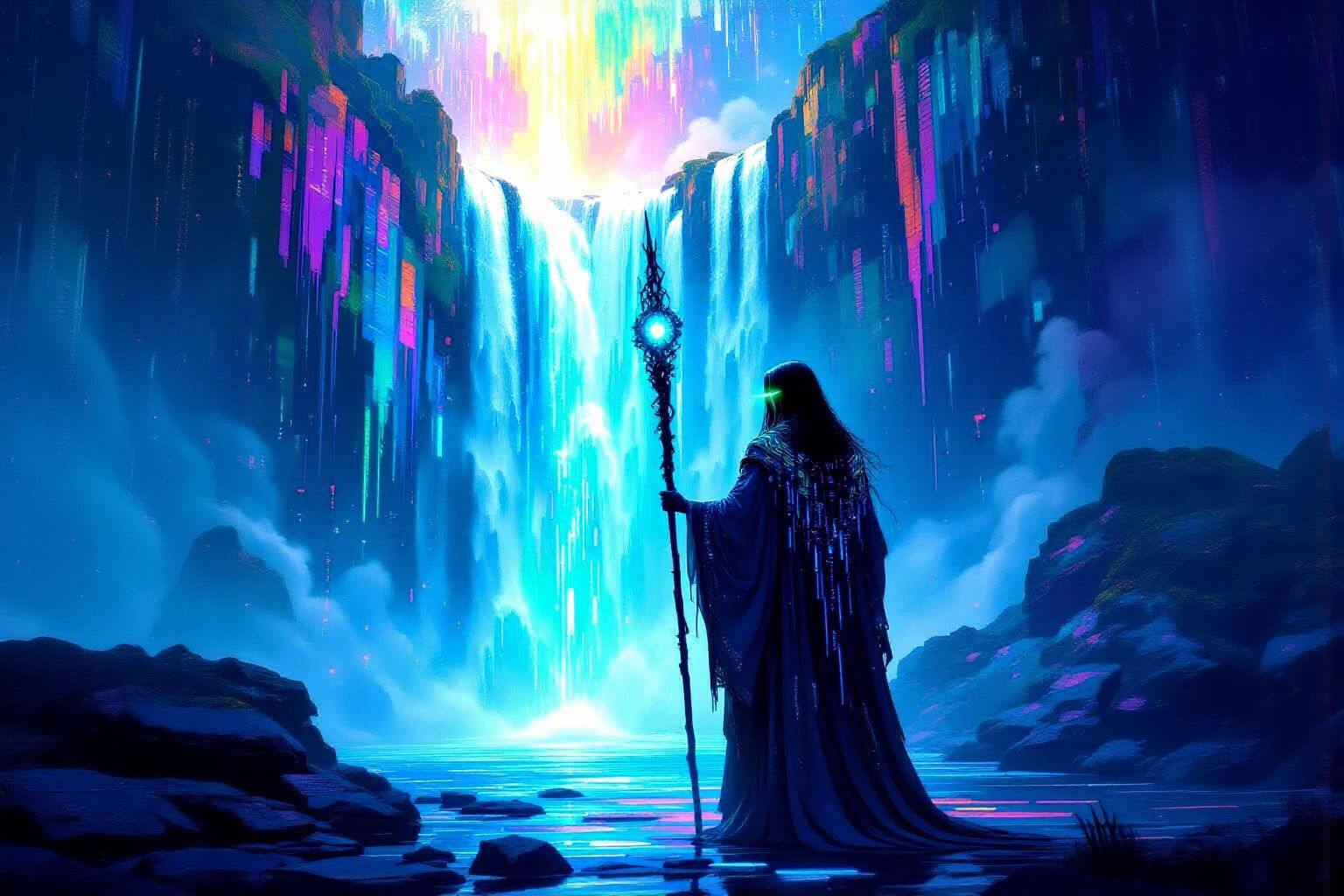 Digital Shaman Before Binary Waterfall, Mucha Style