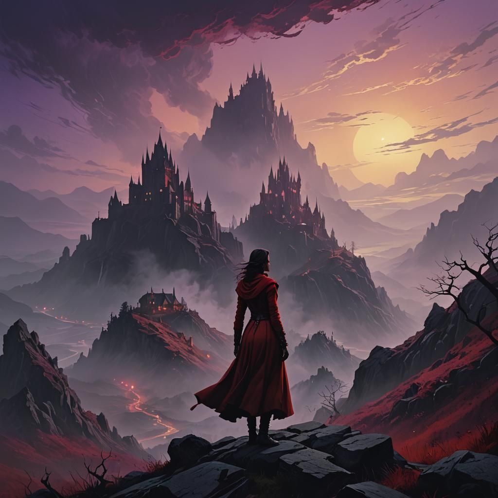 Eerie Girl in Red, Dark Fantasy Art