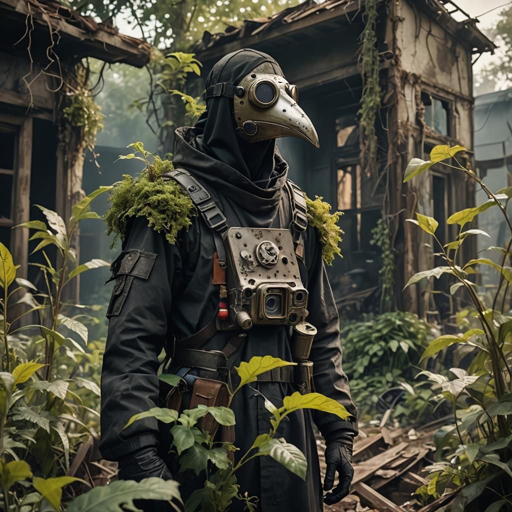 Cyberpunk Plague Doctor in Dystopian Ruins