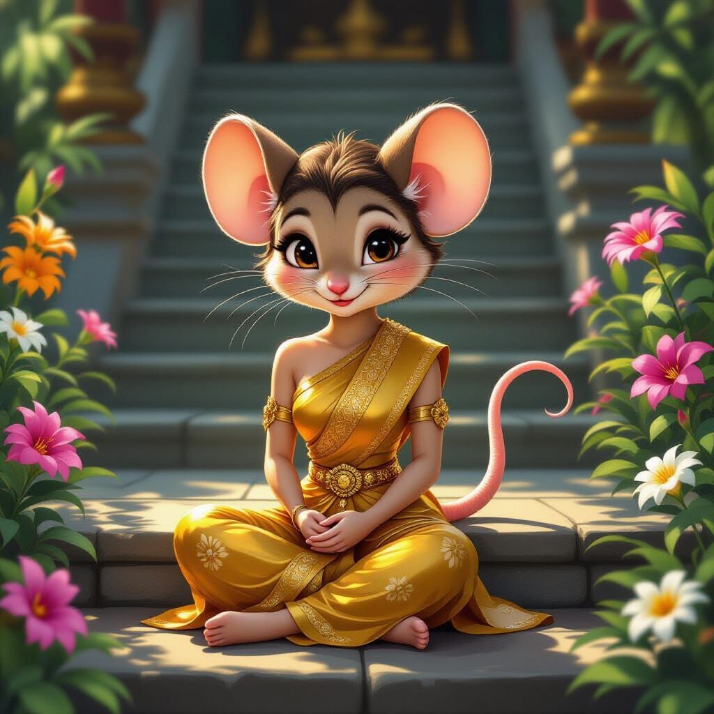 Bashful Thai Mouse Woman in Golden Chut Thai