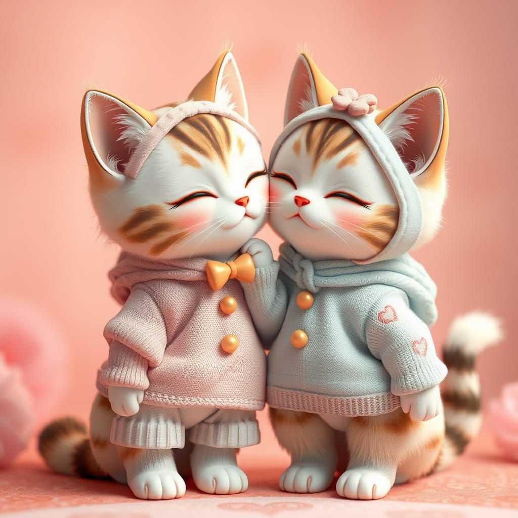 Two Adorable Cats Share a Kiss in Anime Style