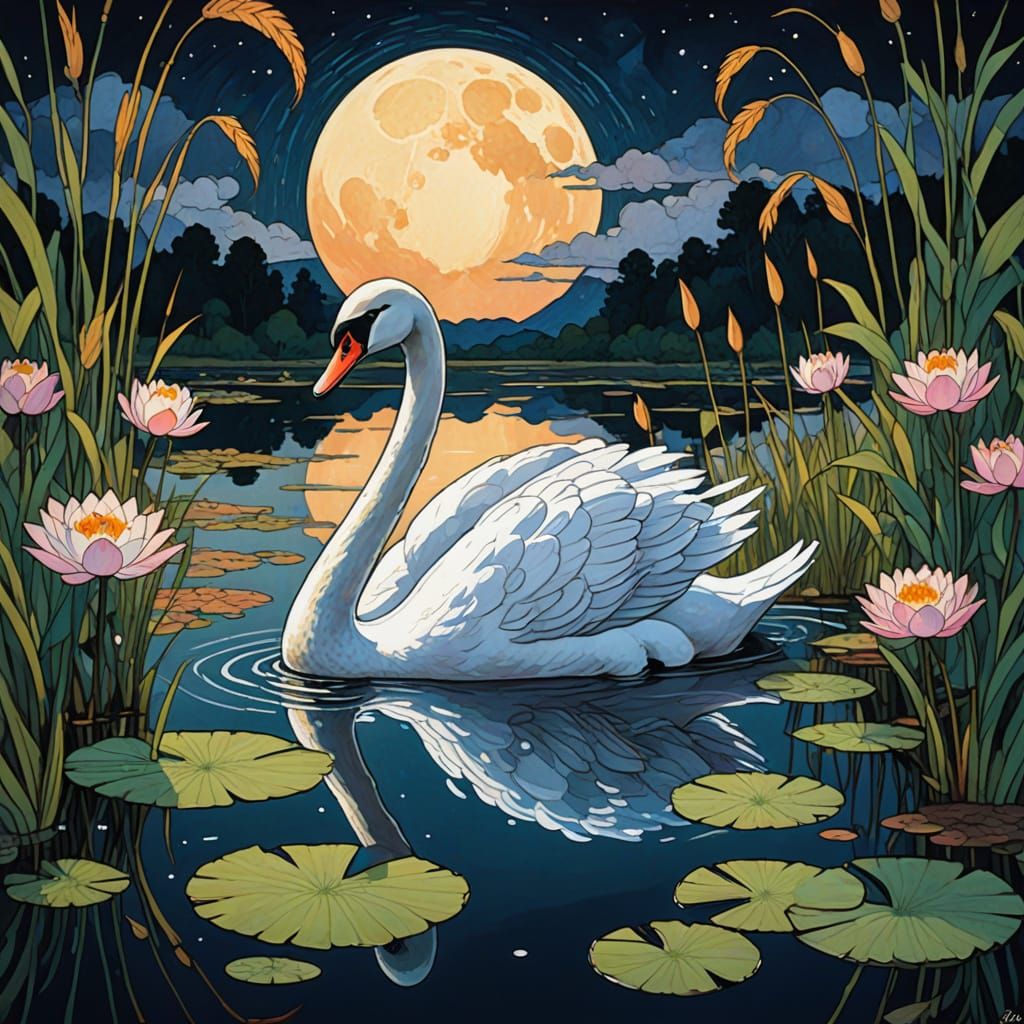 Graceful Swan on Moonlit Lake in Art Nouveau Style