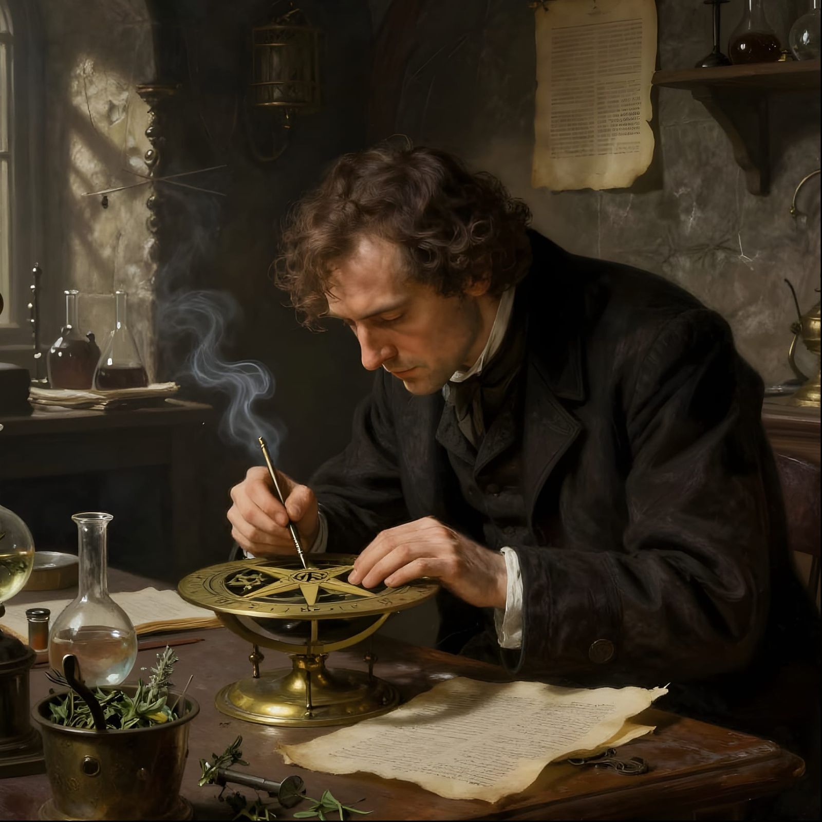 Solitary Alchemist Inscribed Astrolabe In Dark Academia Styl...