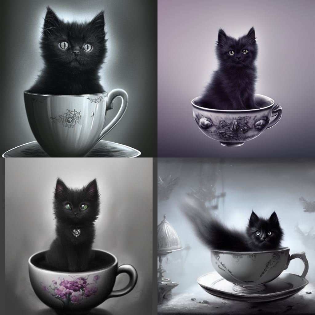Fluffy Black Kitten in Tea Cup: Detailed Matte Painting