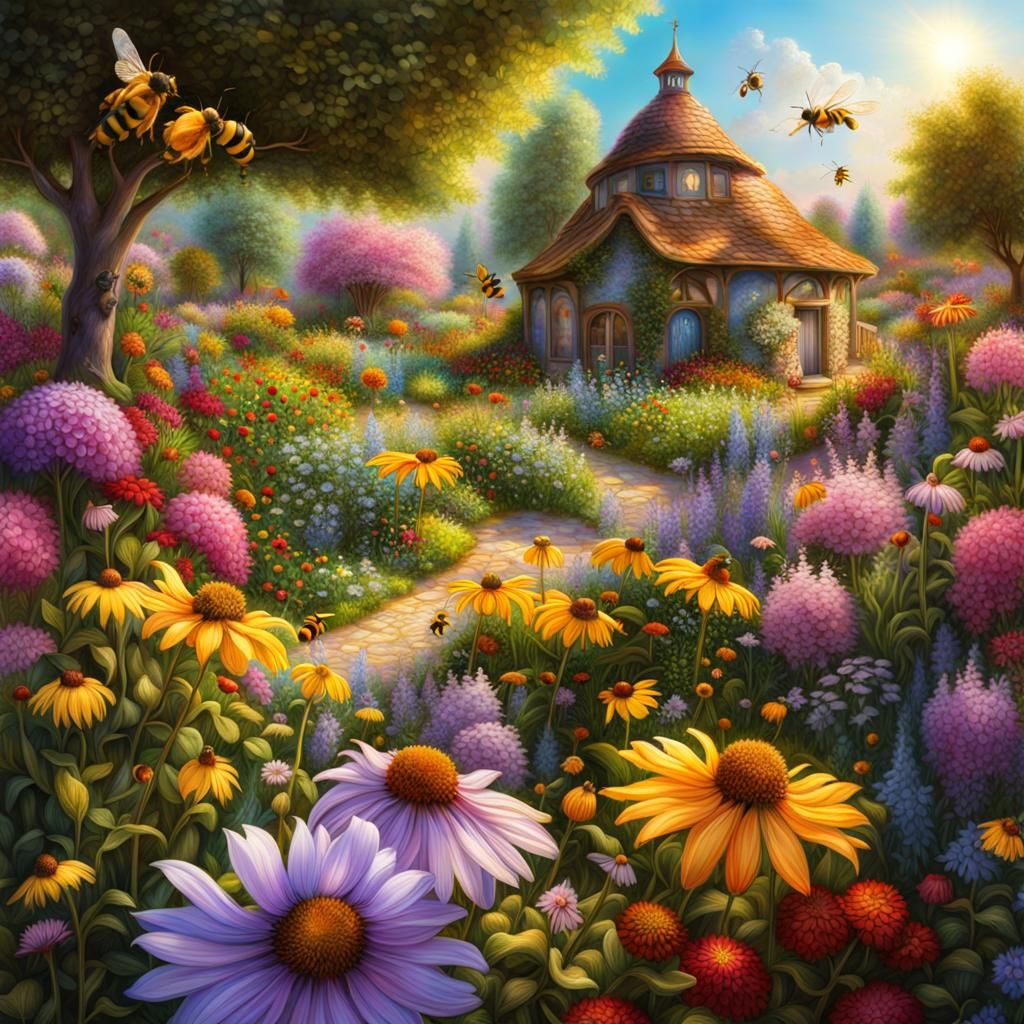 Lively Flower Garden with Bees in Digital Painting Style