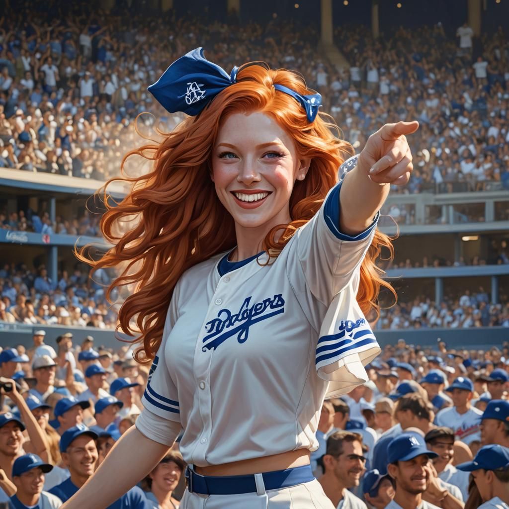 Los Angeles Dodgers  cheerleader entertaining baseball crowd in Dodger Stadium ballpark