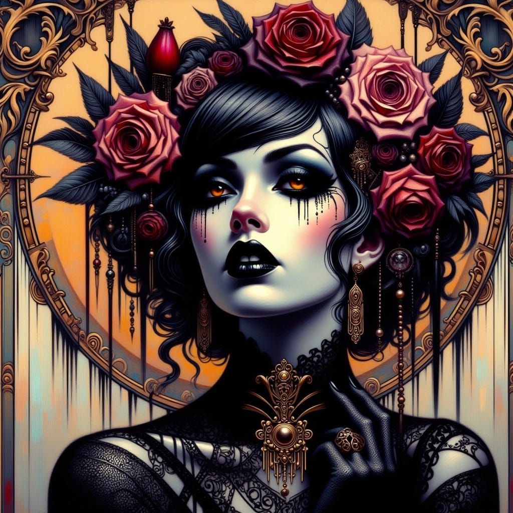 Romantic Goth Punk Woman in Art Deco Nouveau Style