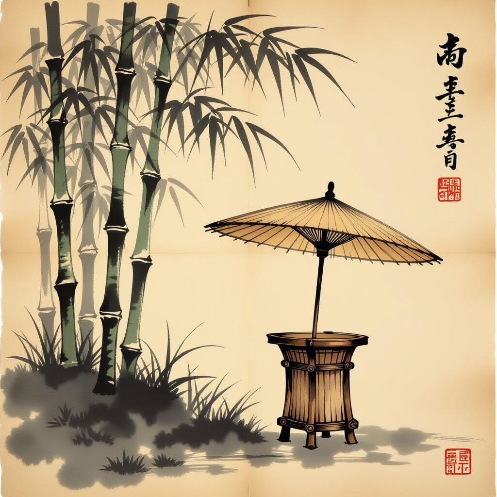 Umbrella stand next to bamboo